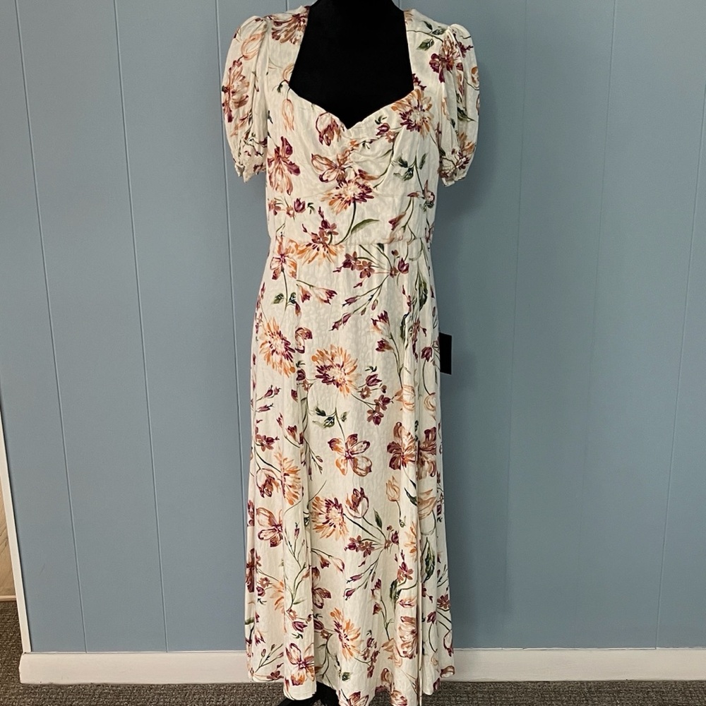 Lulu's XL Cream Floral Midi Dress With Slit-Pink & Brown Blossoms-Cottagecore - Picture 3 of 11